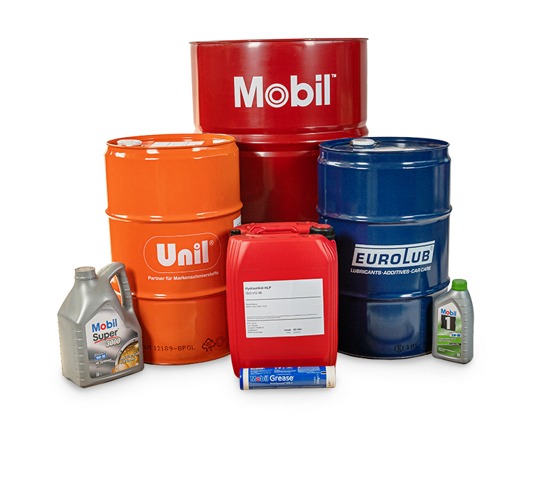 Schmierstoff-Gebinde von Mobil, Unil und Eurolub